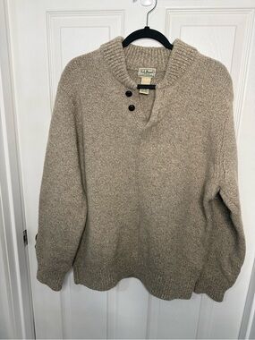 L.L. Bean Men's V‑Neck Shawl Collar 2 Button Sweater in Heather Beige